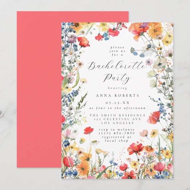 Colorful Summer Floral Bachelorette Party Invitation (Front/Back)