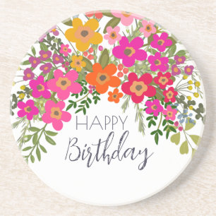 Colorful Summer Garden Flowers Happy Birthday Coaster