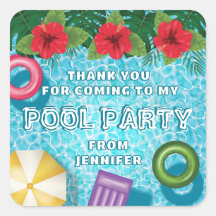 Colorful Summer Swimming Pool Birthday Thank You Square Sticker