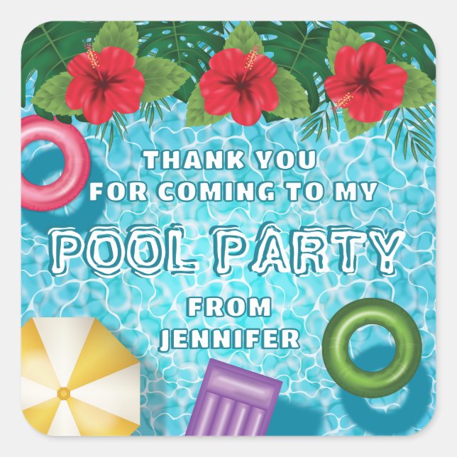 Colorful Summer Swimming Pool Birthday Thank You Square Sticker (Front)