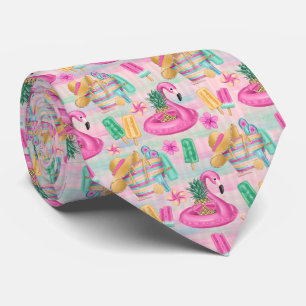 Colorful Summer Vibes Beach Flamingo Neck Tie