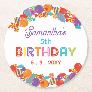 Colorful Sweet Fun Candy Birthday Party Round Paper Coaster