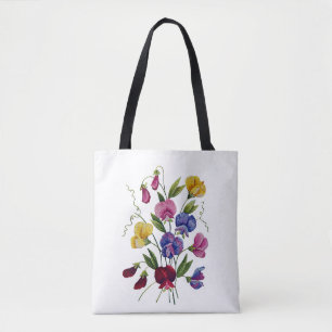 Colorful Sweet Peas Faux Embroidered Tote Bag