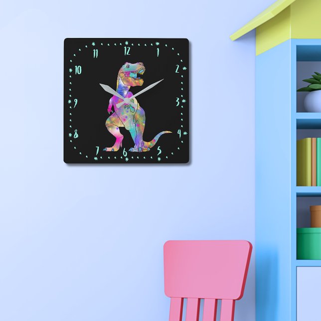 Colorful T-Rex Scary Jurassic Dinosaur Art Square Wall Clock (T-Rex colorful Dinosaur on black wall clock scary Jurassic prehistoric dino illustration )
