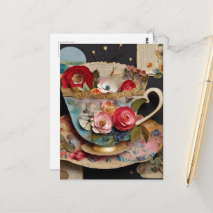 Colorful Teacup Collage Mixed Media Floral Postcard