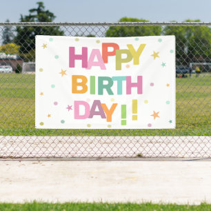 Colorful Text Confetti and Stars Happy Birthday    Banner