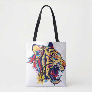 Colorful tiger head roaring illustration tote bag