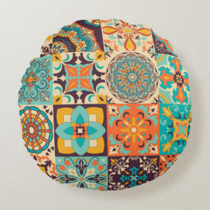 Colorful tiles Blue. Traditional Portuguese Round Cushion