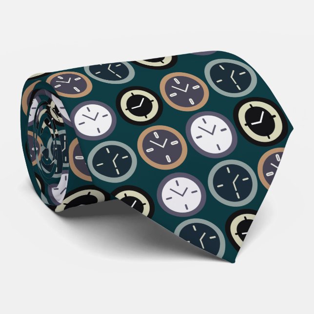 Colorful Time Clock Pattern Watchmaker Horologist Tie (Rolled)