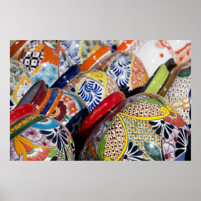 Colorful traditional hand-painted Mexican pottery Poster (Front)