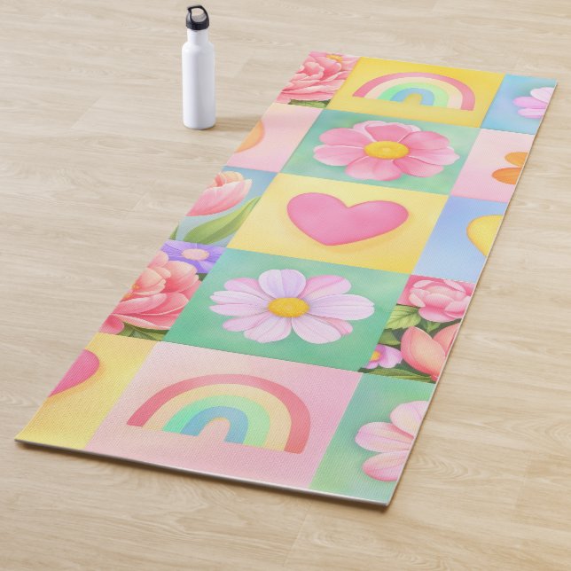 Colorful Trendy Floral Checkerboard Pattern Yoga Mat (In Situ)