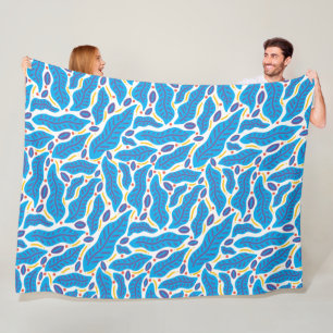 Colorful Tropical Blue Leaves Doodle Fleece Blanket