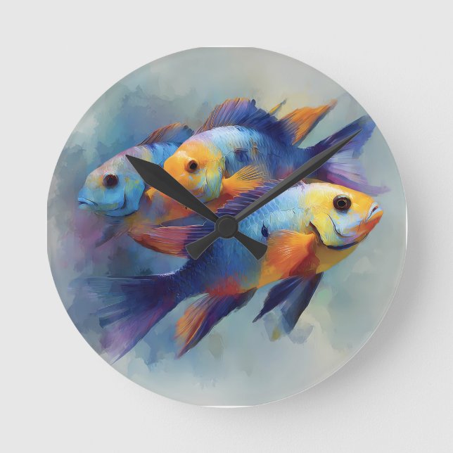 Colorful Tropical Fish Triptych Canvas Wall Art Round Clock (Front)