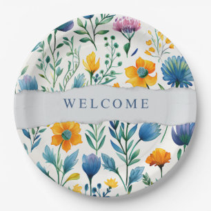 Colorful Tropical Floral Watercolor Welcome Paper Plate