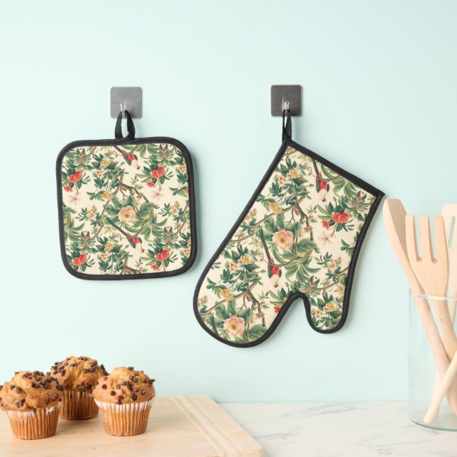 Colorful Tropical Flowers Birds Oven Mitt & Pot Holder Set (Insitu(Hanging))