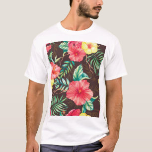 Colorful Tropical Flowers Dark Background T-Shirt