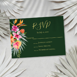 Colorful Tropical Flowers Orange Pink Wedding RSVP Card