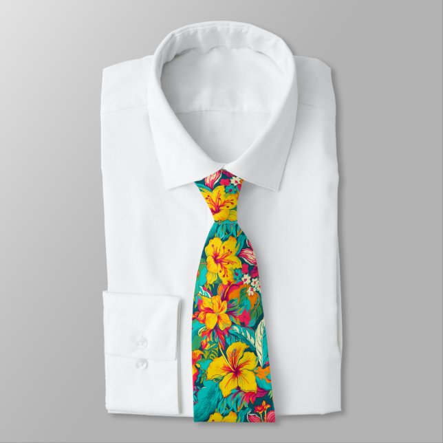 Colorful Tropical Flowers Pattern Tie (Tied)