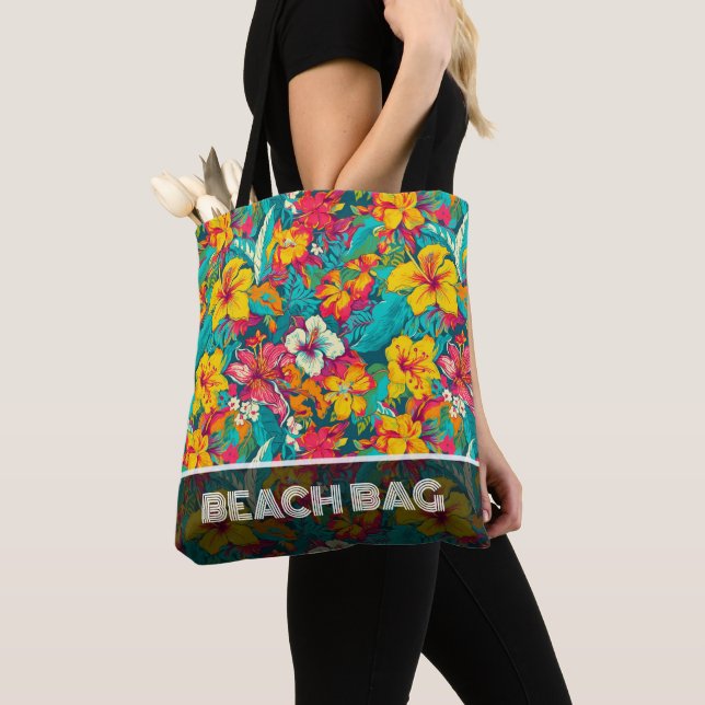 Colorful Tropical Flowers Pattern Tote Bag (Close Up)