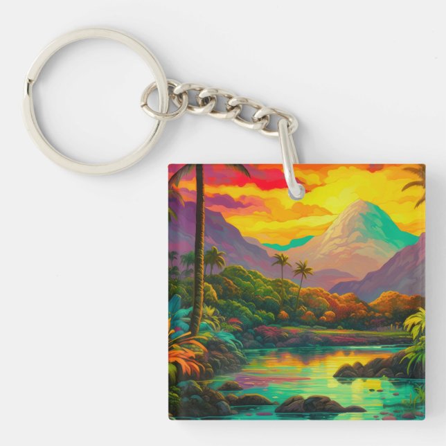 Colorful Tropical Island Paradise Key Ring (Front)
