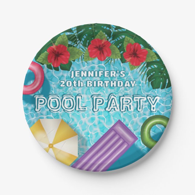 Colorful Tropical Swimming Pool Birthday Party Paper Plate (Front)