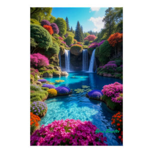 Colorful Tropical Waterfall Dreamscape Art Poster
