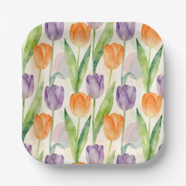 Colorful Tulip Pattern Paper Plate (Front)