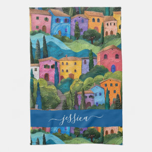 Colorful tuscany pattern script name tea towel