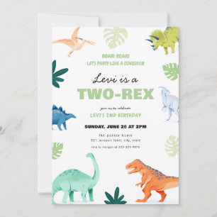 Colorful Two-Rex Dinosaur 2nd Birthday Invitation