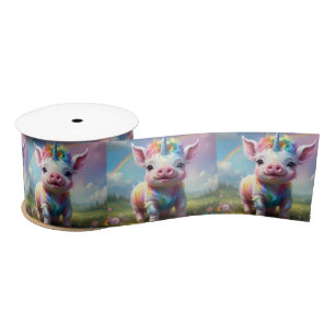 Colorful Unicorn Baby Pig Acrylic Art, Satin Ribbon