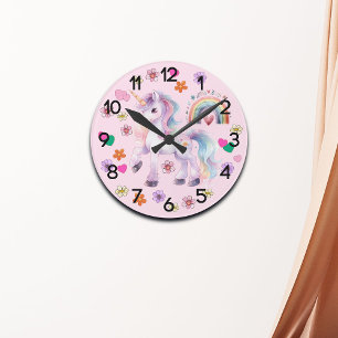 Colorful Unicorn Rainbow and Flowers Nursery Round Clock