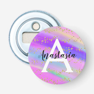 Colorful Unicorn Rainbow Gold Glitter Monogram Bottle Opener