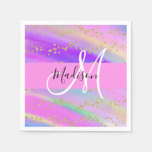 Colorful Unicorn Rainbow Gold Glitter Monogram Napkin