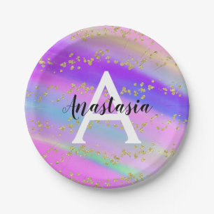 Colorful Unicorn Rainbow Gold Glitter Monogram Paper Plate