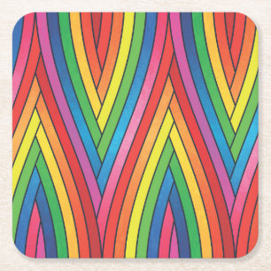 Colorful Up and Down Curved Zig-Zag Stripes Square Paper Coaster