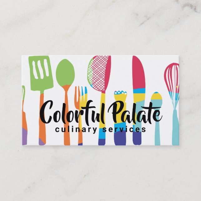 Colorful utensils chef catering cooking classes business card (Front)
