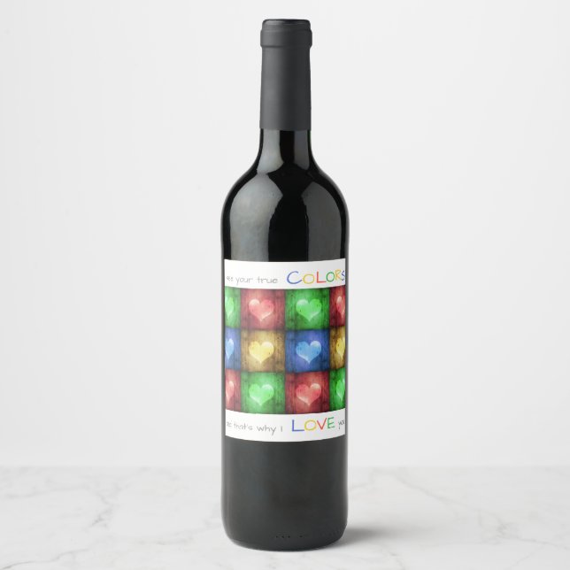 Colorful Valentine's Day Rustic Hearts Wine Label (Front)