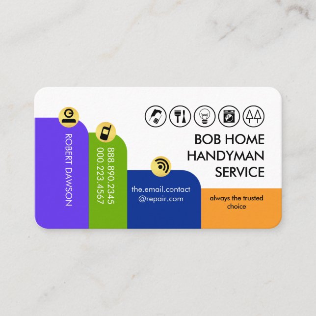 Colorful Vertical Handyman Tabs Business Card (Front)