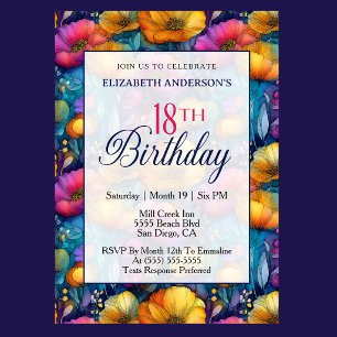 Colorful Vibrant Poppy Flower 18th Birthday Invitation