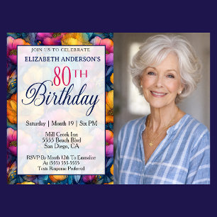 Colorful Vibrant Poppy Flower 80th Birthday Photo Invitation