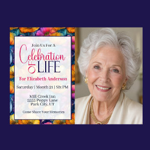 Colorful Vibrant Poppy Flower Celebration Of Life Invitation