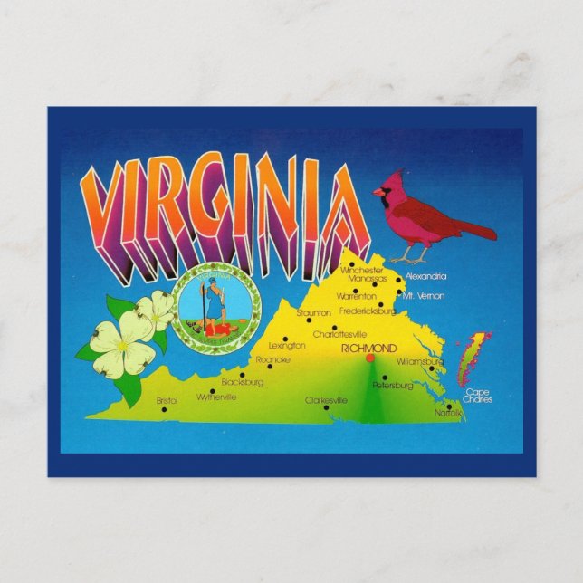 Colorful Vibrant  Virginia Map Postcard (Front)