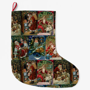 Colorful Vintage Father Christmas Collage Large Christmas Stocking