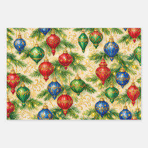 Colorful Vintage Hanging Christmas Ornaments Wrapping Paper Sheet