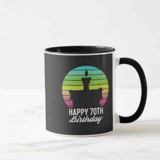 colorful vintage happy 70th birthday cake mug