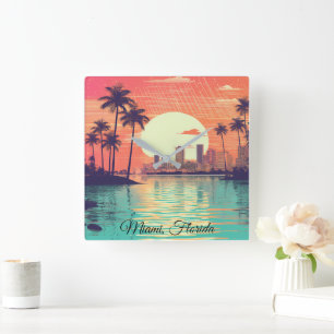 Colorful Vintage Retro Miami Florida Travel Square Wall Clock