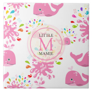 Colorful Water Splash Pink Whale Monogram Pattern Tile