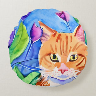 Colorful Watercolor Art   Orange Cat and Flowers Round Cushion