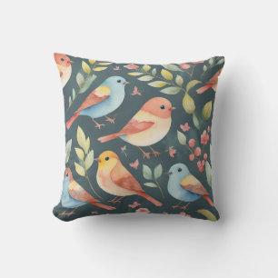 Colorful Watercolor Birds Nature Leaves Cushion
