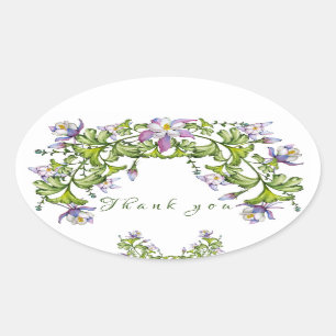 Colorful watercolor bouquet of columbine and green oval sticker